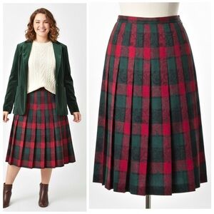Pendleton Vintage 90s Wool Jacquard Damask Plaid Pleated Skirt Red Green Sz 14